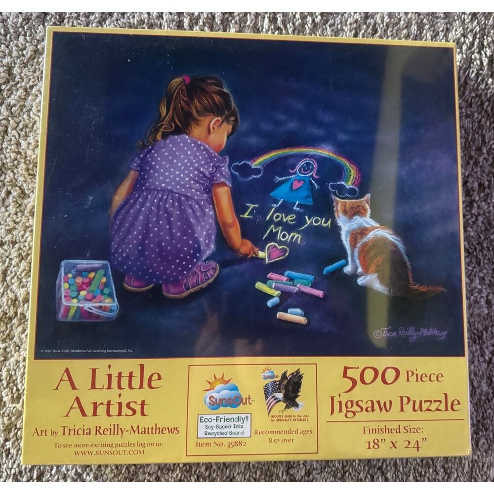 New SunsOut 500 piece jigsaw puzzle A Little Artist Girl with cat and Chalk CUTE